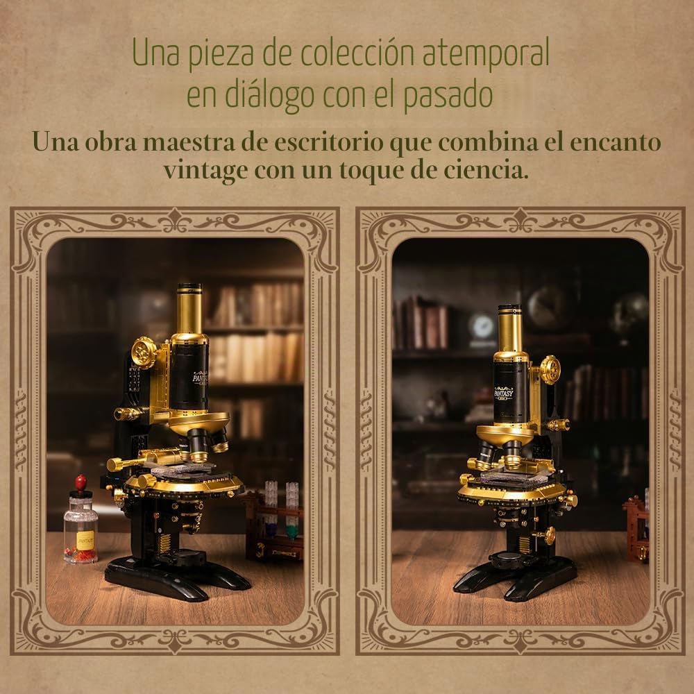 PANTASY - Kit de construcción de microscopio retro para adultos, modelo de instrumento científico antiguo con diseño mecánico, acabado de latón y accesorios de laboratorio, juego de ladrillos de