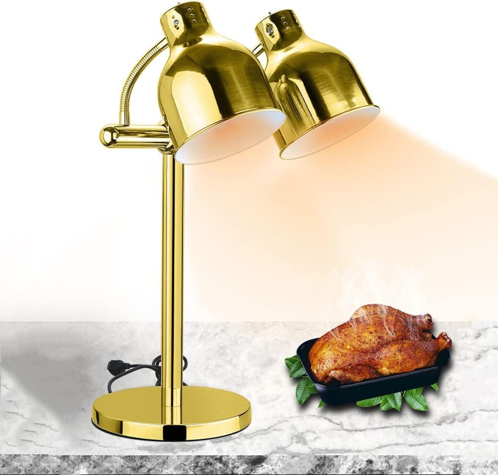 Podgrzewacz żywności Lampa grzewcza do żywności z żarówką 275W Bufet Lampy grzewcze do frytek, smażone jedzenie, pizza, pączki, makarony | Złoty (kolor: podwójna żarówka)