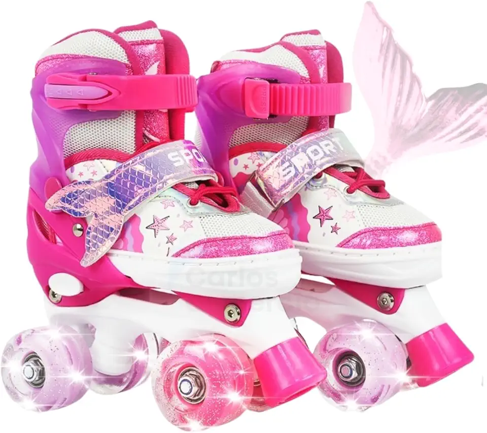 Patins Infantil 4 Rodas Ajustável Rodinha Led Sereia + Kit Proteção