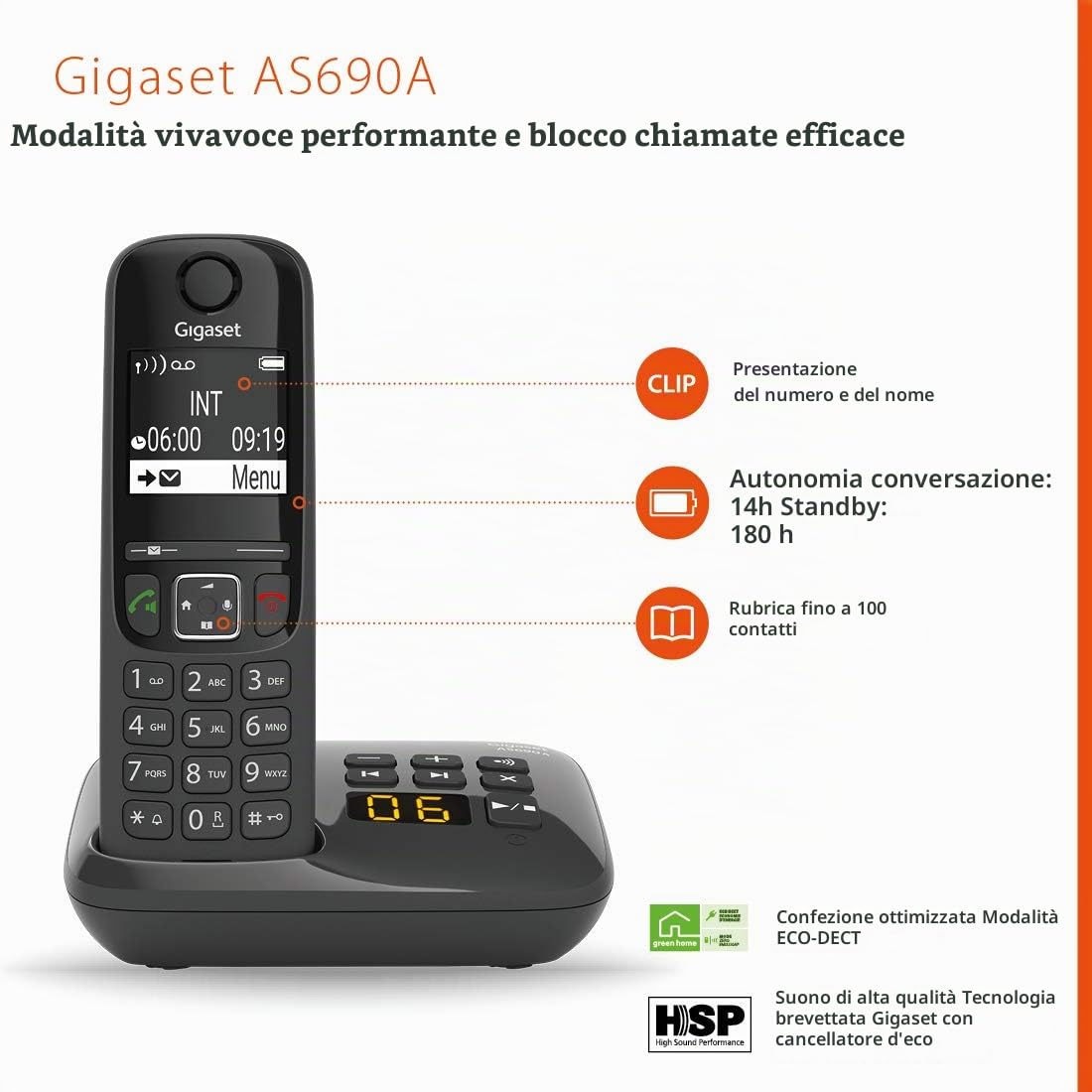 Gigaset AS690A Trio - Telefono fisso senza fili con segreteria telefonica, 3 cellulari, colore: Nero