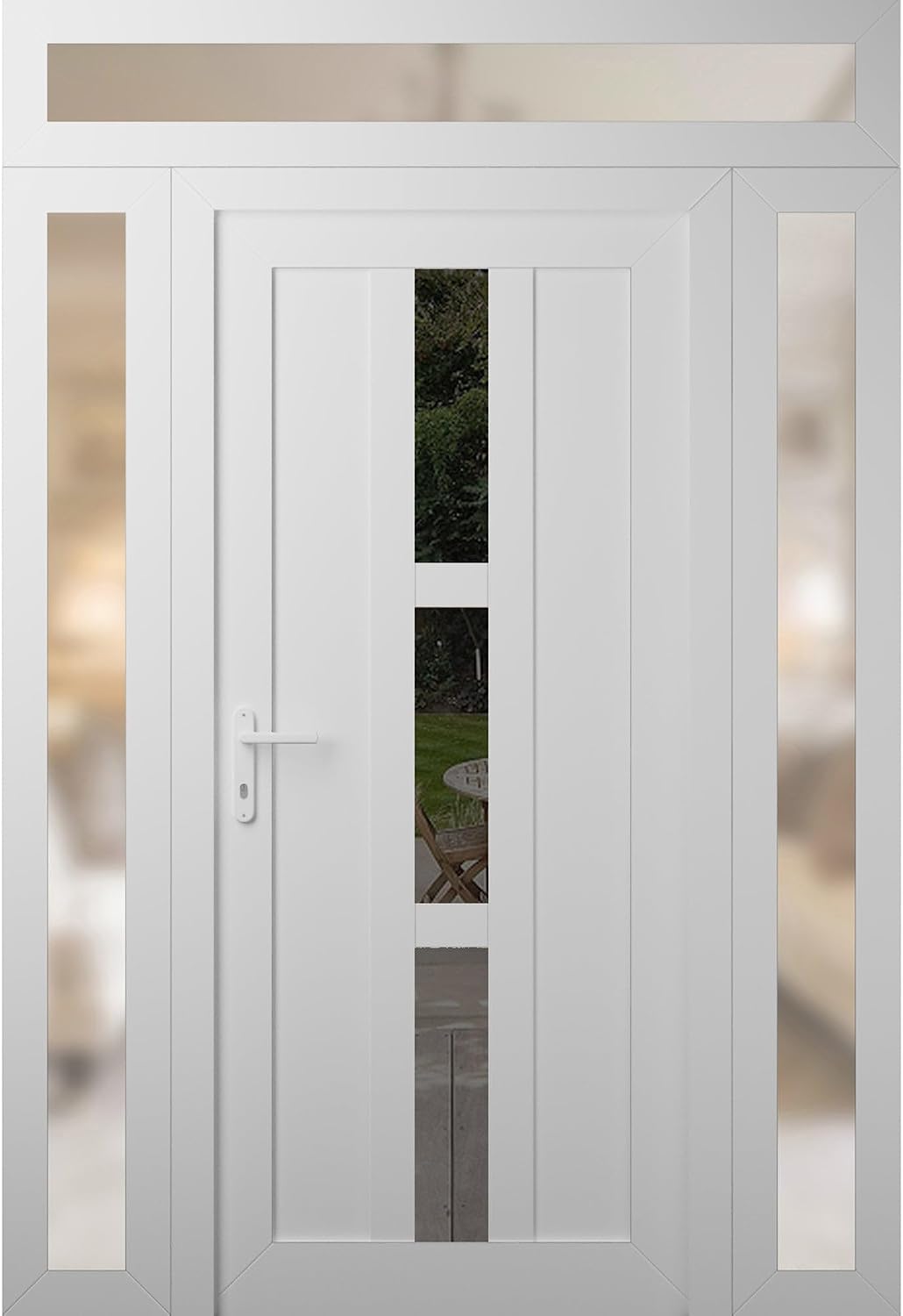 VDOMDOORS Front Exterior Prehung Metal-Plastic Door Frosted Glass | Manux 8111 White Silk | 2 Side, Top Sidelite Transom | Doors Entrance Patio Garage 64 x 94 (W14+36+14 x H80+14) Right-Inswing