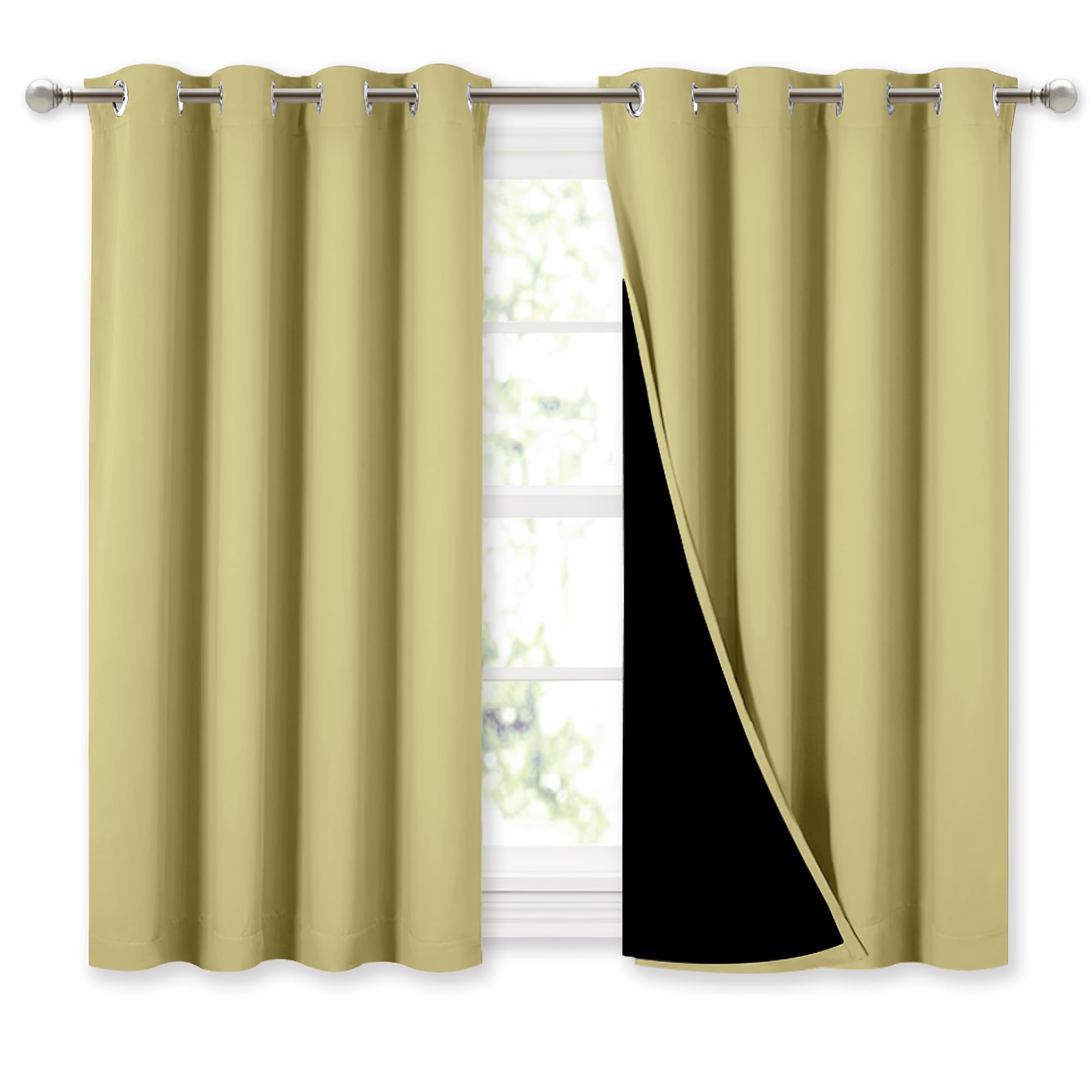 NICETOWN 100% Blackout Curtains with Black Liners, Thermal Insulated Full Blackout 2-Layer Lined Curtains, Energy Efficiency Window Draperies for Dining Room (Paler Yellow, 2 Panels, 52" W by 45" L)