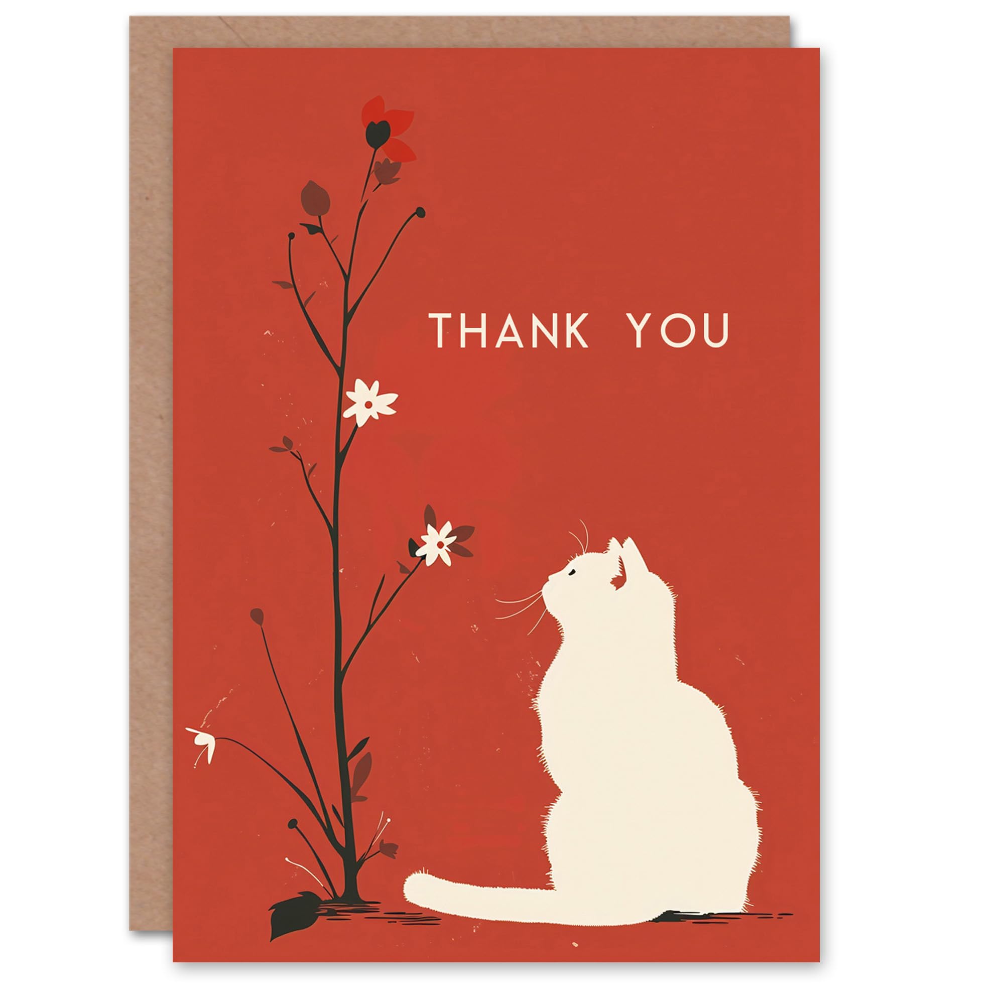 Artery8 Thank You Card White Cat Lover Wildflower Bloom Red Design For Her Gran Sister Niece Daughter Wife Woman Greeting Card