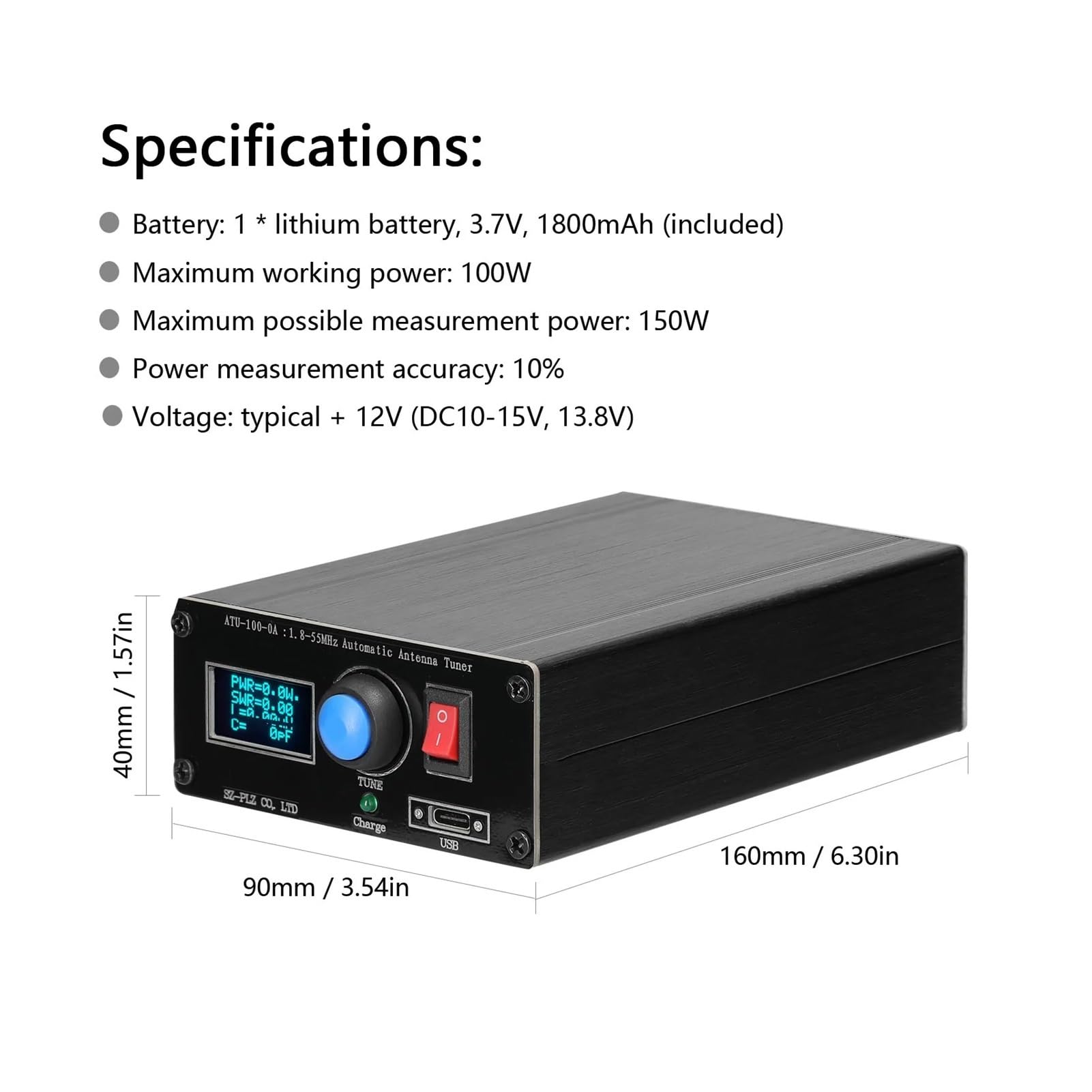 Mini automatyczny tuner antenowy 1,8–55 MHz 0,91-calowy wyświetlacz OLED Obudowa ze stopu aluminium z baterią 1500 mAh dla profesjonalistów i majsterkowiczów