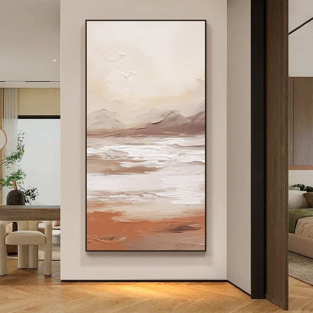 Tableau abstrait montagnes et eau : grande peinture à l'huile pour salon contemporain