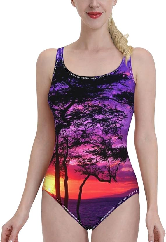 Amazon ヤシの木紫の夕日印刷スイムウェアレディース水着ポリエステルワンピース水着 ワンピース 通販