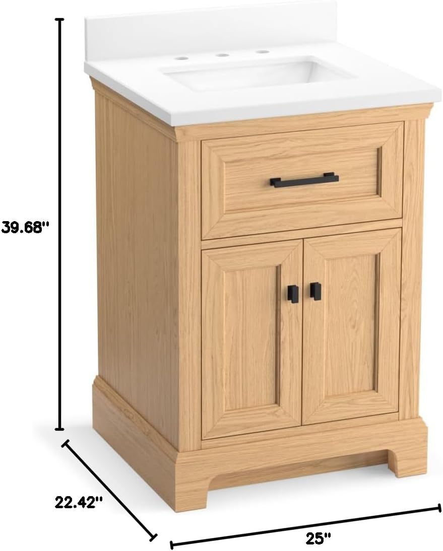 Kohler Charlemont 24" Bathroom Vanity Cabinet with White Sink and Quartz Top, Modern Bathroom Storage, Light Oak, K-29259-BD1-WEK
