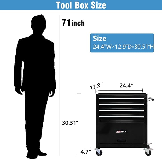 4 Drawers Rolling Tool Cart on Wheels, Trolley Organizer Tool Case Tool Chest, Multifunctional Tool Storage Tool Box for Workshop, Garage, Warehouse, Repair Shop (4 Drawers-29.3