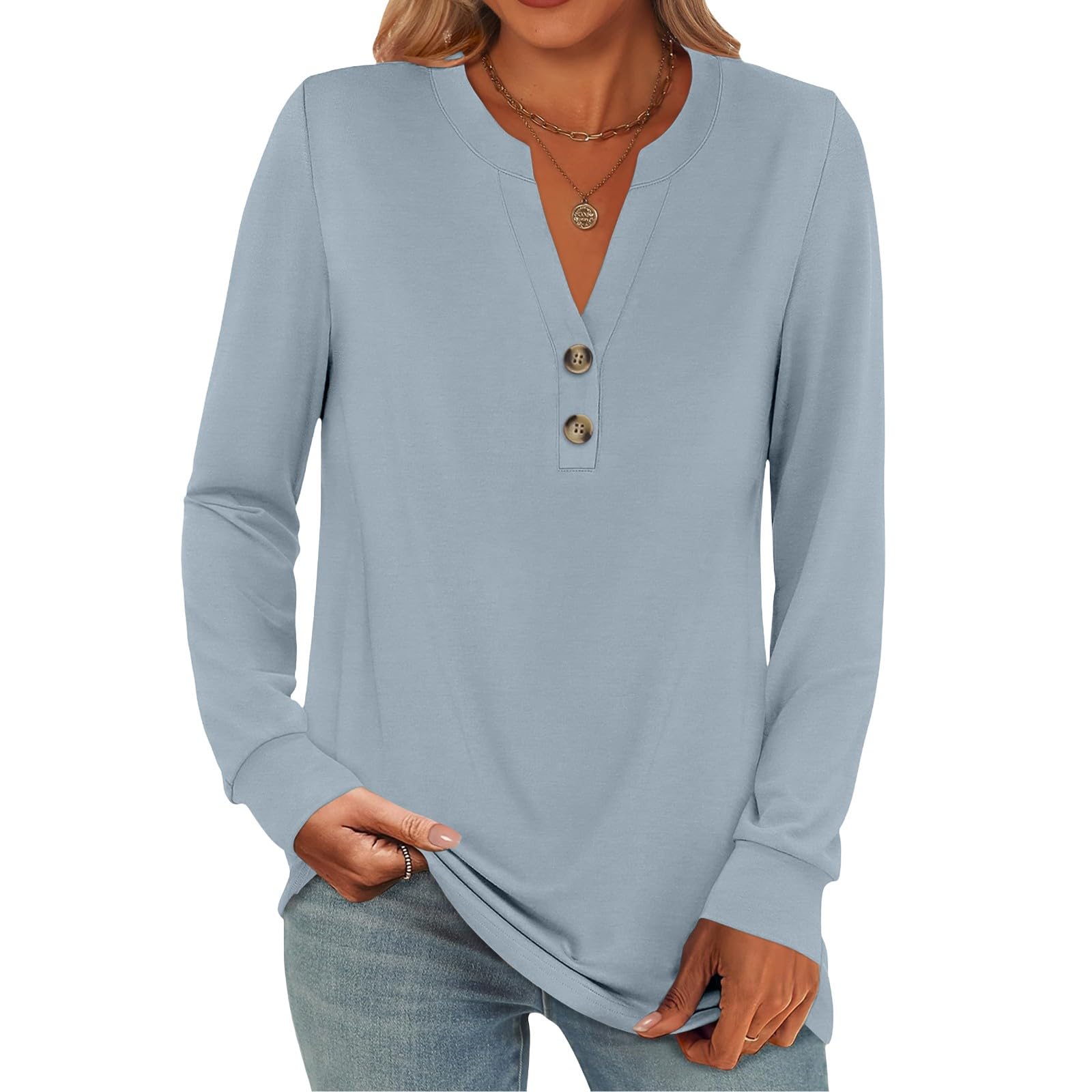 Womens Shirts, Holiday Clothes for Women UK, Holiday Basic Long Sleeve Shirt Pub V Neck Button-Down Tops Solid Color Blouses