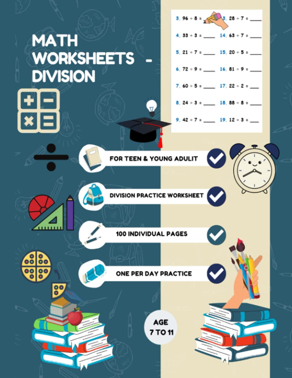 Math Worksheets Divisions:: Times Tables: 100 Practice Pages - Timed Tests - Division Math Drills - KS2 Workbook - (Ages 7-11)