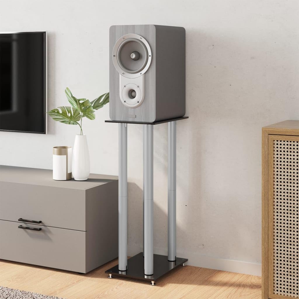 Pedane Casse 2pz Nero Argento Vetro Temperato Design 4 Pilastri,Dispositivi elettronici,o,Accessori o,Accessori per Altoparlante,Supporti per altoparlanti-51818