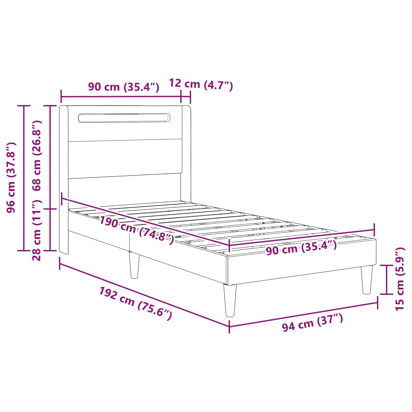 Marco de cama blanco con tiras de luz LED de 90 x 190 cm, piel sintética, marco de madera moderna con tiras LED ajustables Fuente de alimentación USB, diseño estable, para cama individual