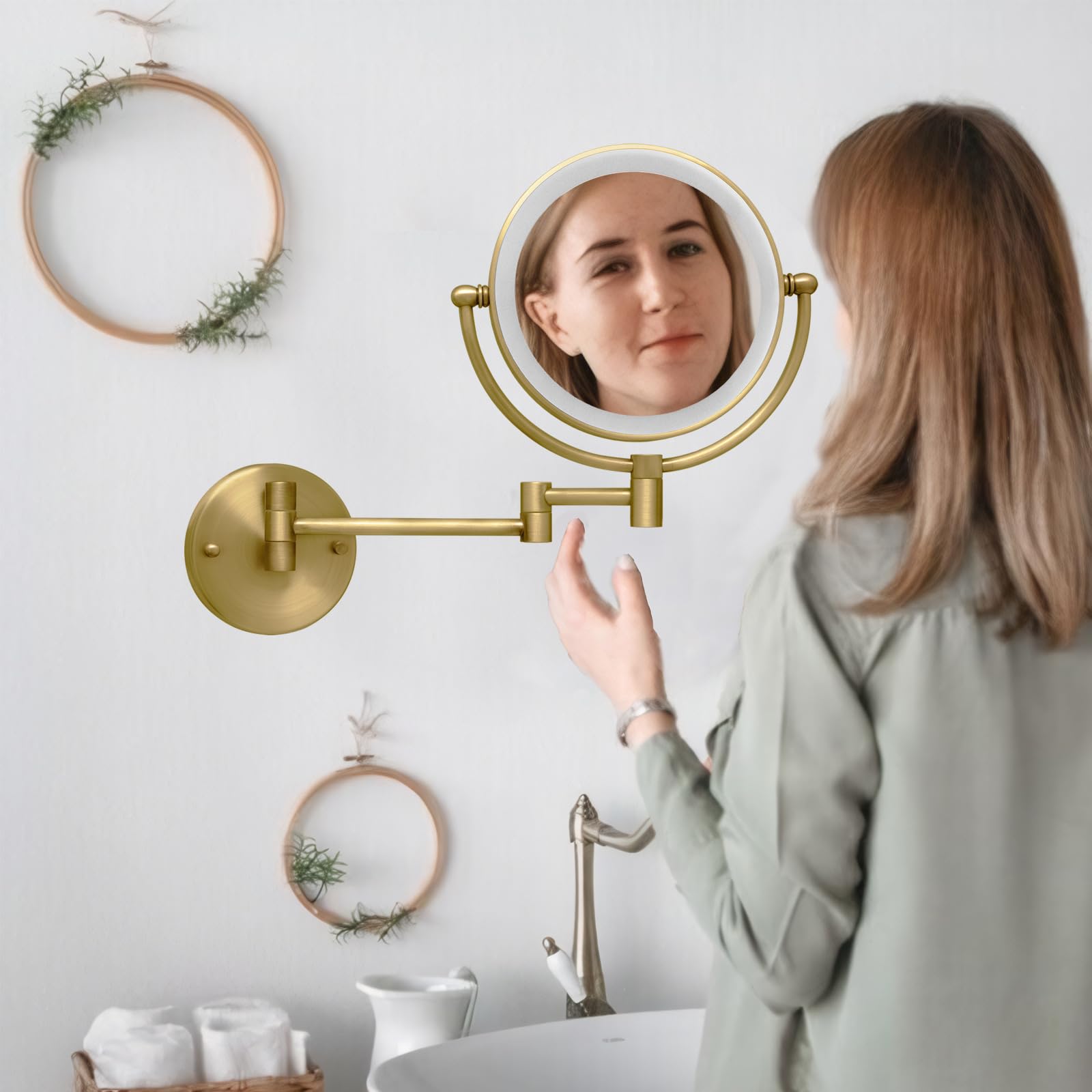 Miroir de maquillage à montage mural éclairé grossissant x10 câblé, double face avec éclairage 3 couleurs, fonction de gradation tactile, bras pivotant à 360° et bras extensible pour rasage