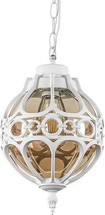 Retro Globe Outdoor Pendant Lights, White Aluminum Waterproof Hanging Light Fixture for Porch Entryway Hallway, Vintage Round Exterior Chandelier, Outside Pendant Lamp with Amber Glass