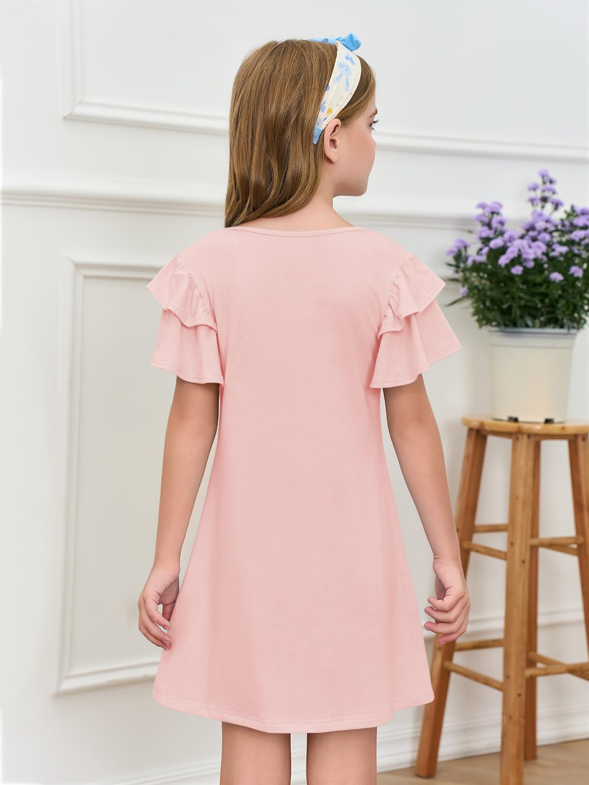 Vestido de niña con mangas con volantes cuello redondo verano línea A monocolor elegante fiesta cumpleaños boda
