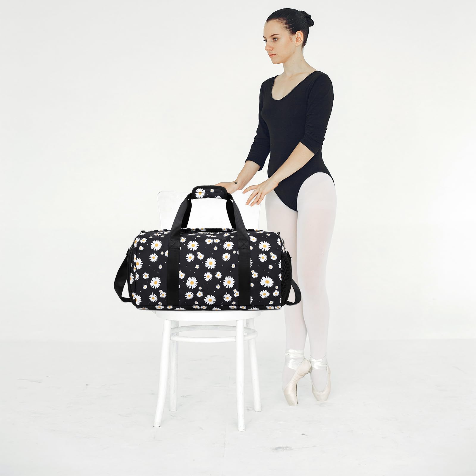 Kimwadalh Sac de voyage pour filles avec poches humides/chaussures pour le sport pendant la nuit, Motif fleurs Noir, 18"L x 8"W x 9.75"H, Daisy Black