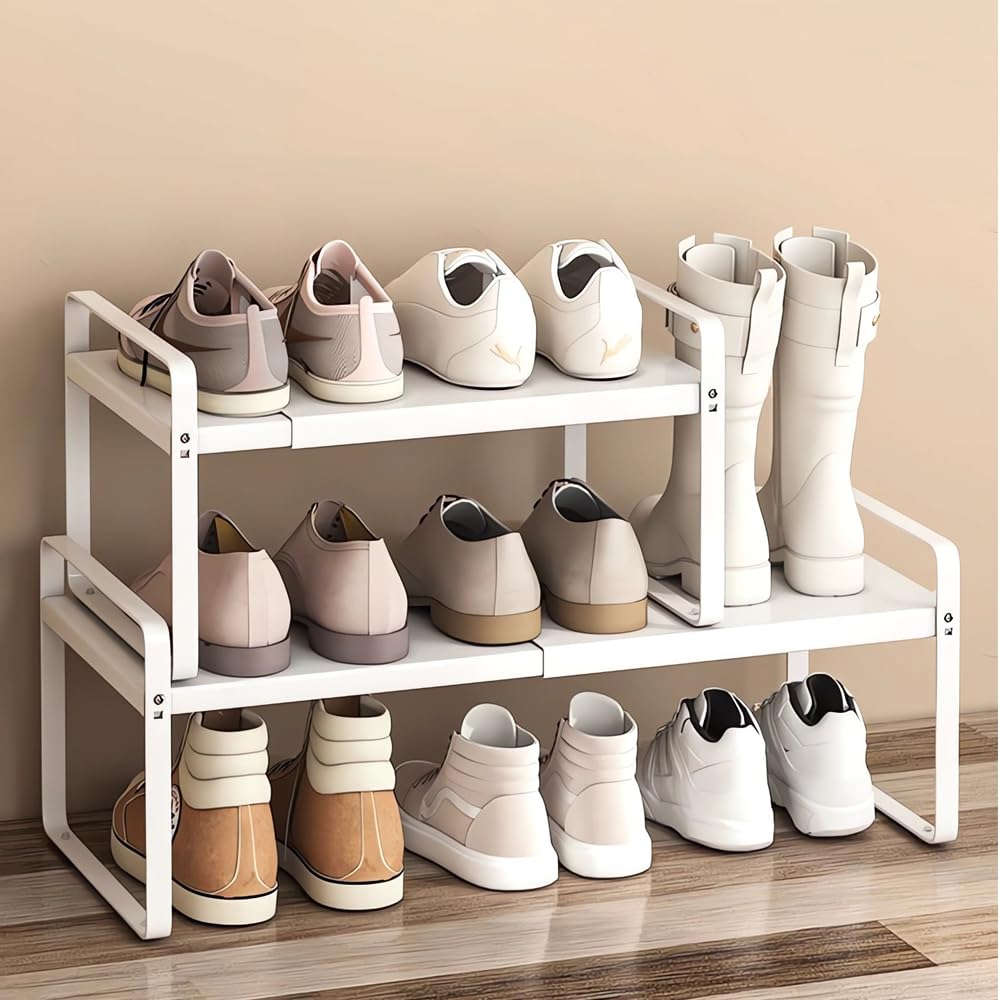 Bayou - Zapatero expandible de 2 niveles, organizador de almacenamiento de zapatos ajustable para armario, estante de zapatos de metal resistente, zapatero apilable para espacios pequeños (H: