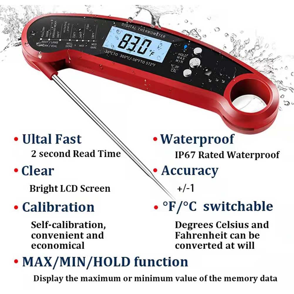 review Instant Read Meat Thermometer for Kitchen, Outdoor Grilling and BBQ,Waterproof Digital Food Thermometer with Foldable Probe and Backlight, Digital Food Probe for Grill and Cooking