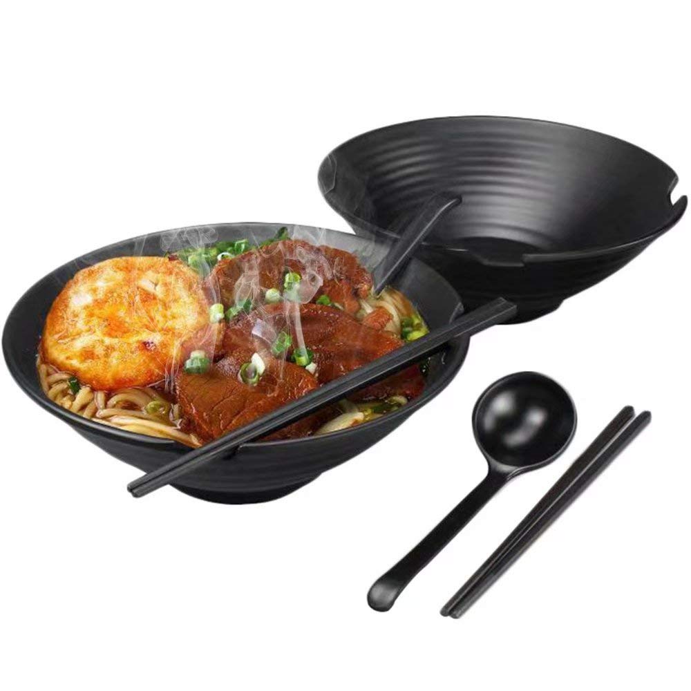 Set Repas Asiatique 2 Bols à Ramen NUTRIUPS 1200ml - Céramique, Avec Baguettes Et Cuillères, Style Japonais (Agate Rouge) Ramen Bowl