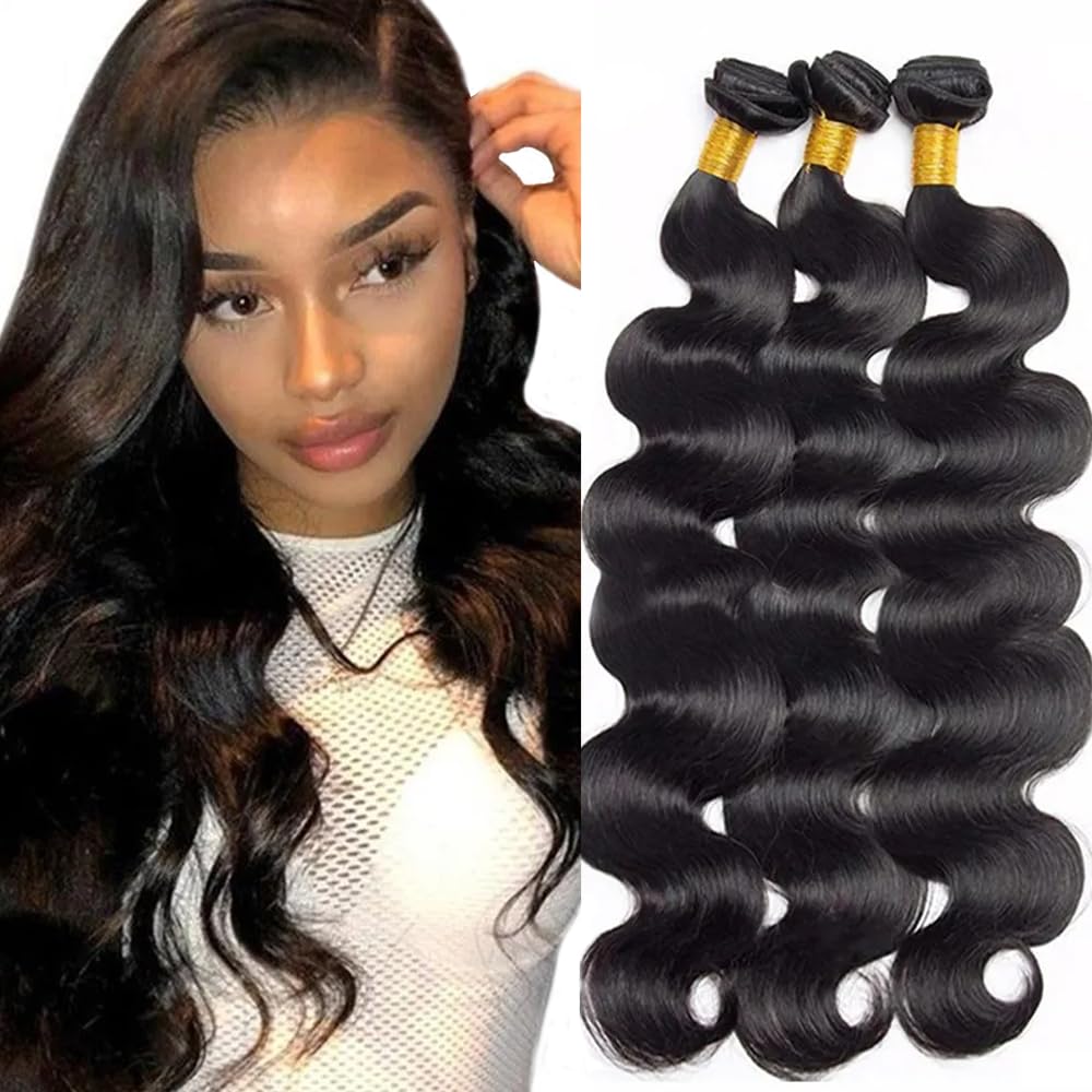 Body Wave Human Hair Bundles #1B Natural Black Body Wave 3 Bundles 12 14 16 Inch Healthy And Soft Brazilian Virgin Remy Hair Extensions Double Weft Real Bundle Human Hair