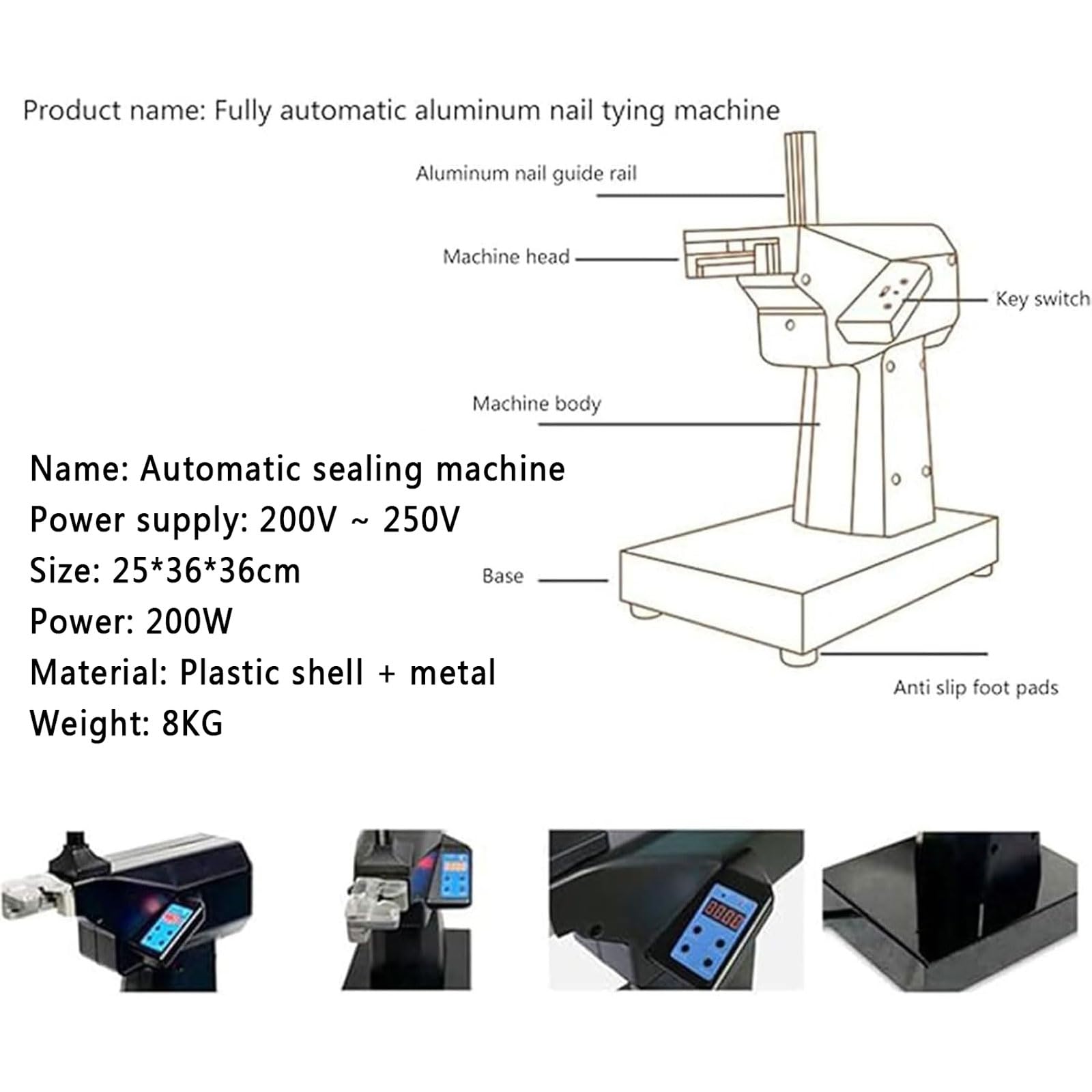 Selladora Automática De Cuello De Bolsas De Plástico De 200 W, Envasadora De Bolsas Enrollables para Frutas Y Verduras con 6000 Clavos De Sellado En Forma De U