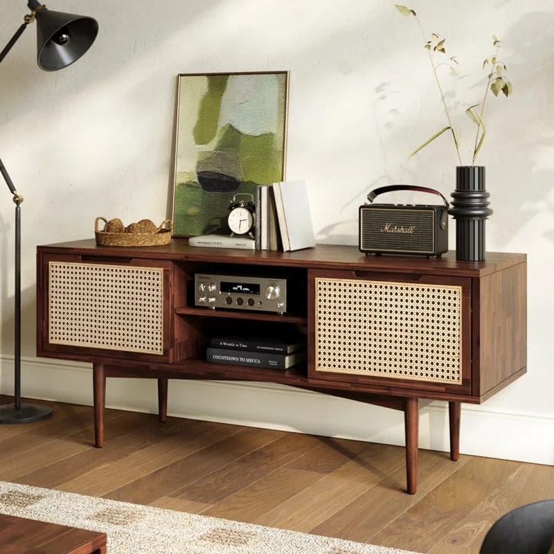 Image of MISAN Modern TV Table | Solid Sheesham Wood Sideboard TV Unit for Living Room, Bedroom, Office Furniture Stand | Wooden Free Standing Entertainment Unit Side Board Table with Storage (D-Walnut)