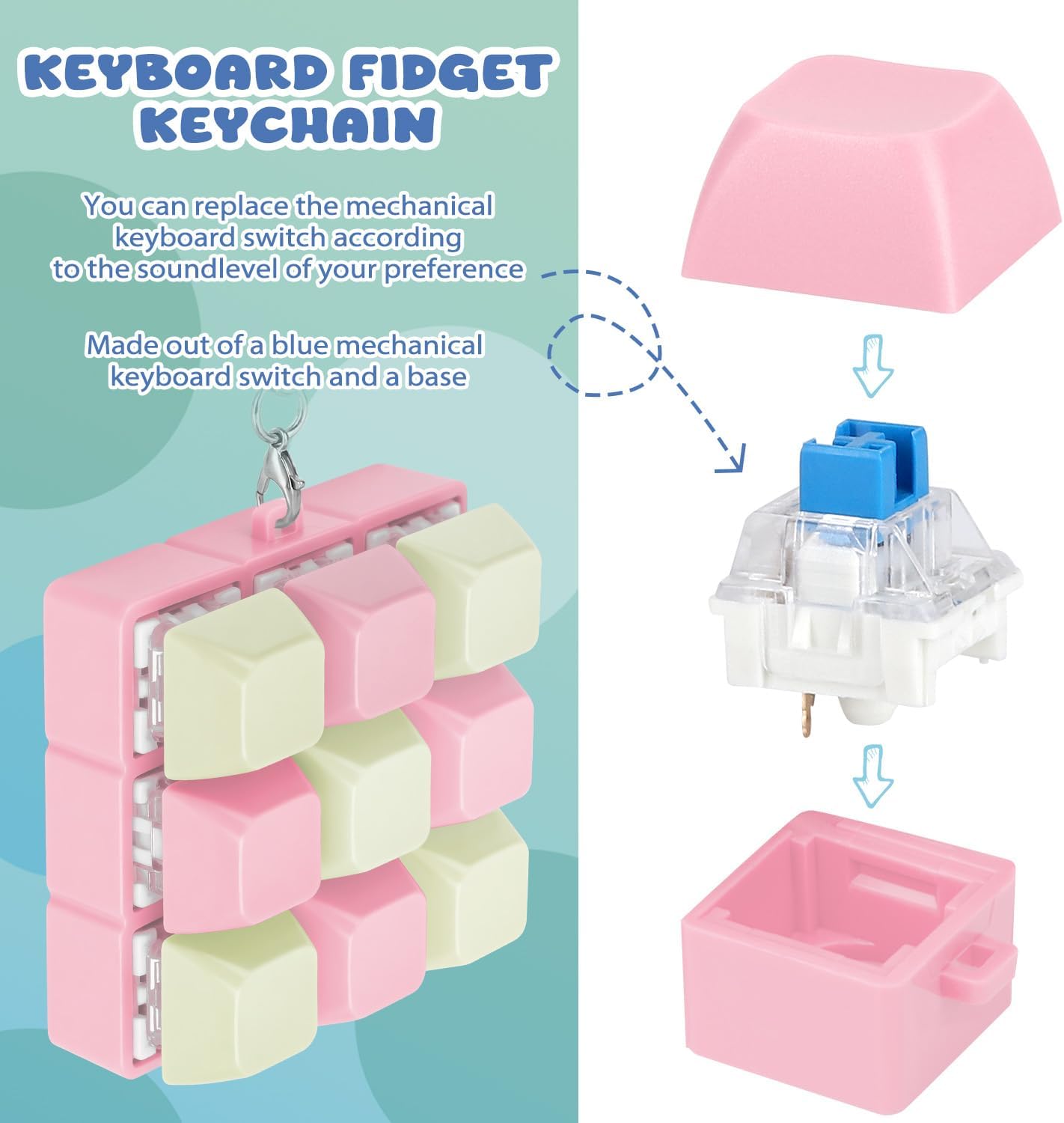 Axlksia Creamy Keyboard Fidget Toy, Fidget Clicker Keyboard Fidget Keychain, Button Fidget Gifts for Adults to Relieve Stress and Pass Time (9-in-1 E)