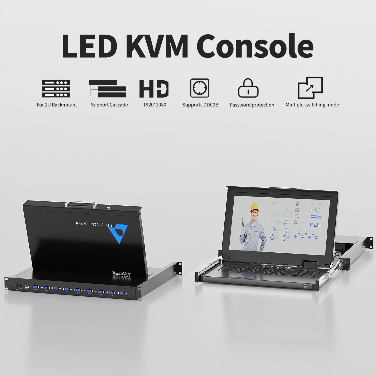 KVM monté en rack avec écran LCD 15,6", commutateur KVM Arvitek 8 ports VGA avec poignée, convient pour rack 1U 19", convient pour armoire réseau 600-800 mm + 8 câbles KVM VGA