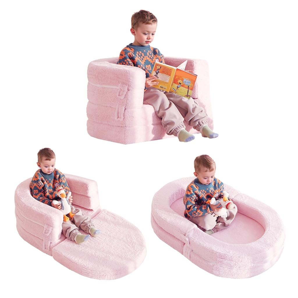 Tiita 3-in-1 Kids Sofa Bed, Comfy Kids Couch Plush Toddler Chair Bed, Convertible Toddler Travel Beds, Folding Kids Couch with Washable Cover Carrying Handle for Girls and Boys