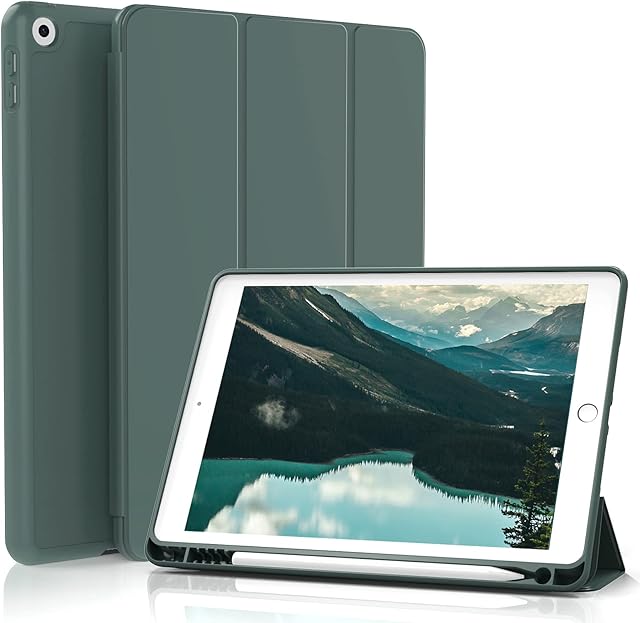 ZOYU iPad 10.2 Case 2021/2020/2019 with Pencil Holder, Slim Lightweight Trifold Stand Smart Shell Soft TPU Back Cover, Auto Sleep/Wake for iPad 10.2 inch 9th&8th&7th Generation, Dark green