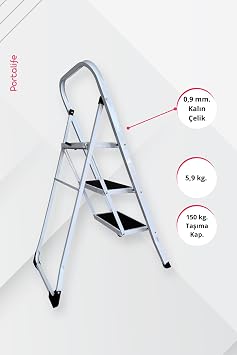 3 Basamaklı Beyaz Çelik Merdiven - Ekstra Güçlü Gövde - Kalın Profil
