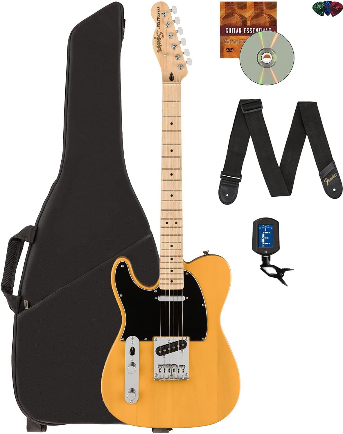 Fender Squier Affinity Telecaster w/Maple Fingerboard, Left Handed - Butterscotch Blonde Bundle with Gig Bag, Tuner, Strap, Picks, and Austin Bazaar Instructional DVD