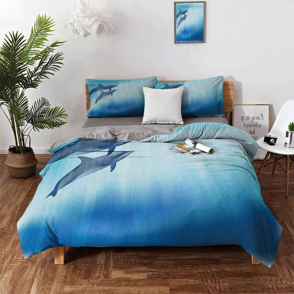 Dolphin Comforter Bedding Cover, Underwater Scene with Two Ocean Mammals in Watercolor Style Swimming Image Bedding Cover Set 3 Piece Set 100% Washed Microfiber - Queen 90"x90" Dark Blue Pale Blue