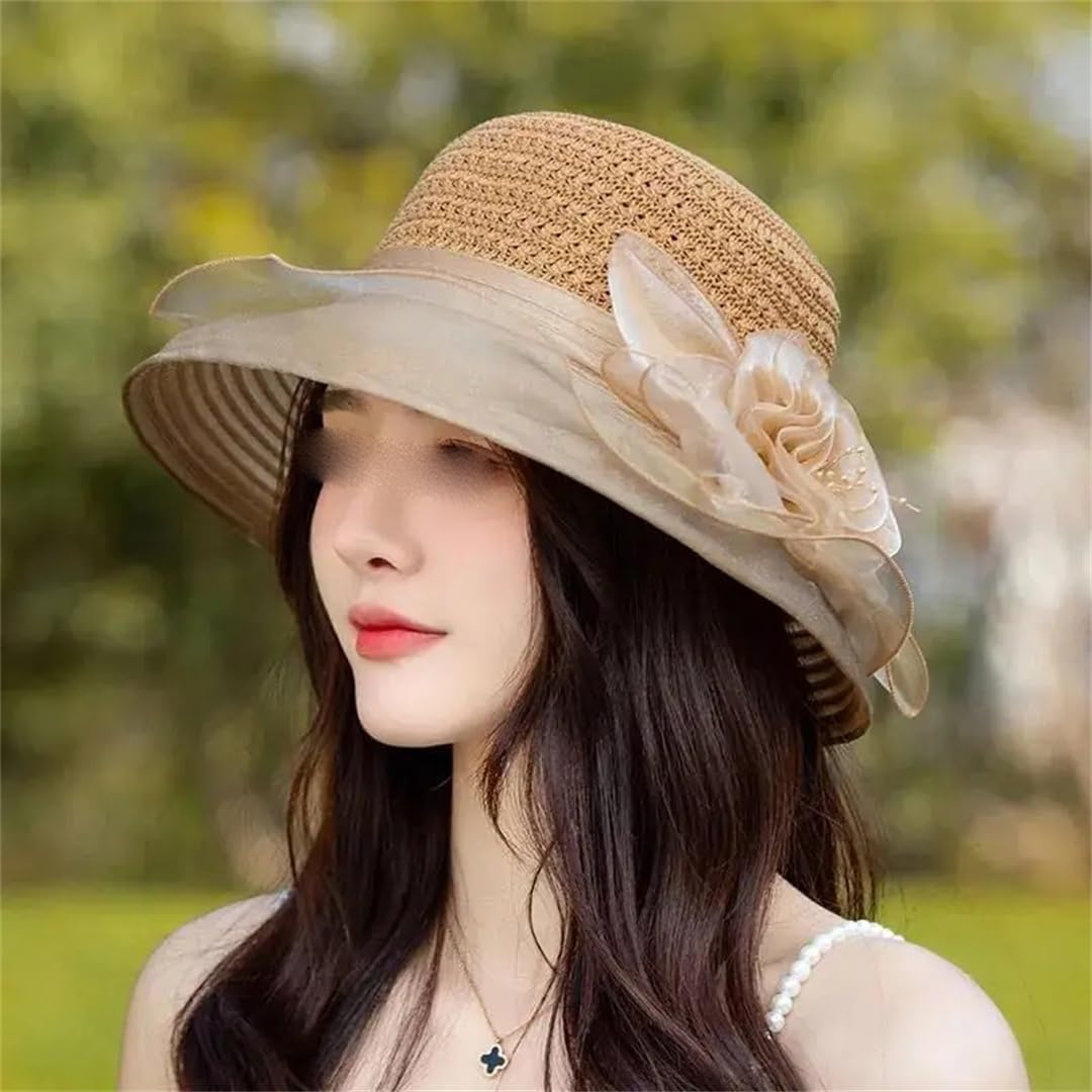 Yeuyyben Elegante cappello da chiesa da donna con fiore estivo a tesa larga cappello Fedora per le donne cappello in organza cappello da spiaggia cappello da sole