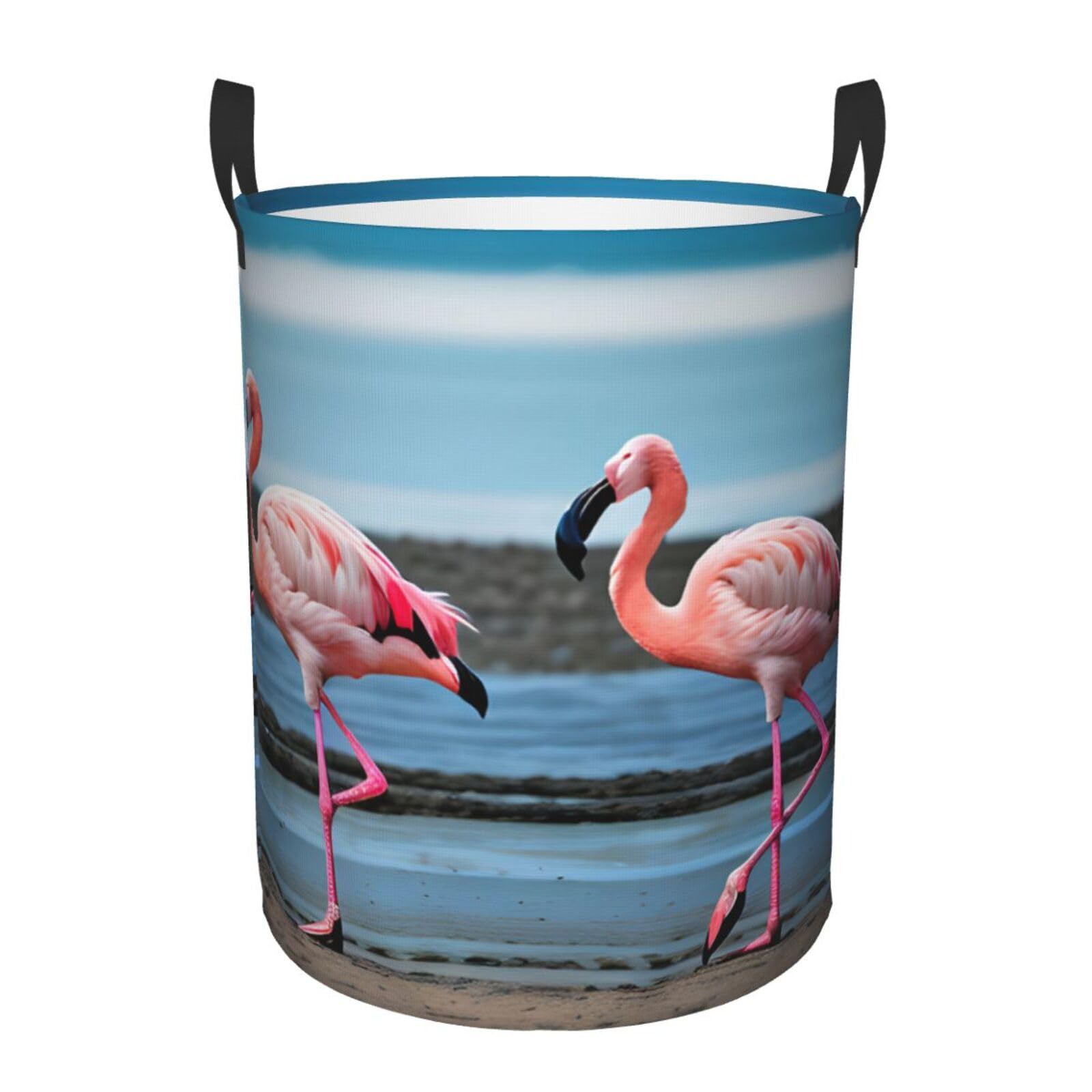 M Collapsible Round flamingos on the beach Print Laundry Hamper