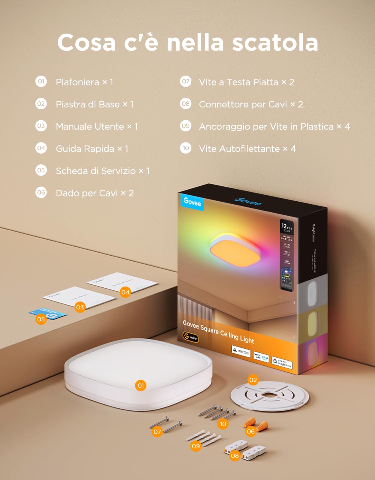 Govee Plafoniera LED RGBIC 24W, 2400LM Lampadario Soffitto 30cm Quadrata | Dimmerabile Plafoniera Smart, 16M Colori, per Soggiorno Cucina Camera da Letto, Compatibile con Matter e Alexa, Scenari,Timer