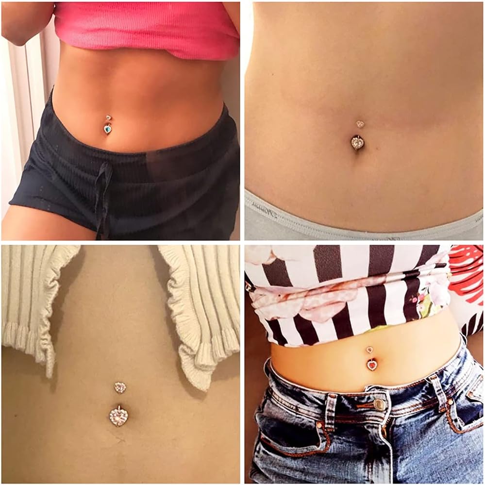 Excepro 14G(1.6mm) Double Heart Cubic Zirconia Navel Belly Button Ring 316L Stainless Steel Bar Piercing Jewelry - Image 6