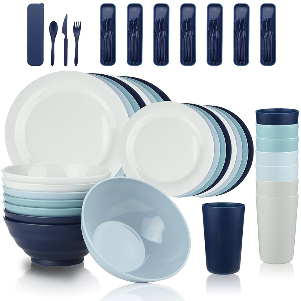 Set Vaisselle Camping BEWOS 40 Pièces - Assiettes, Bols, Couverts Plastique Incassable