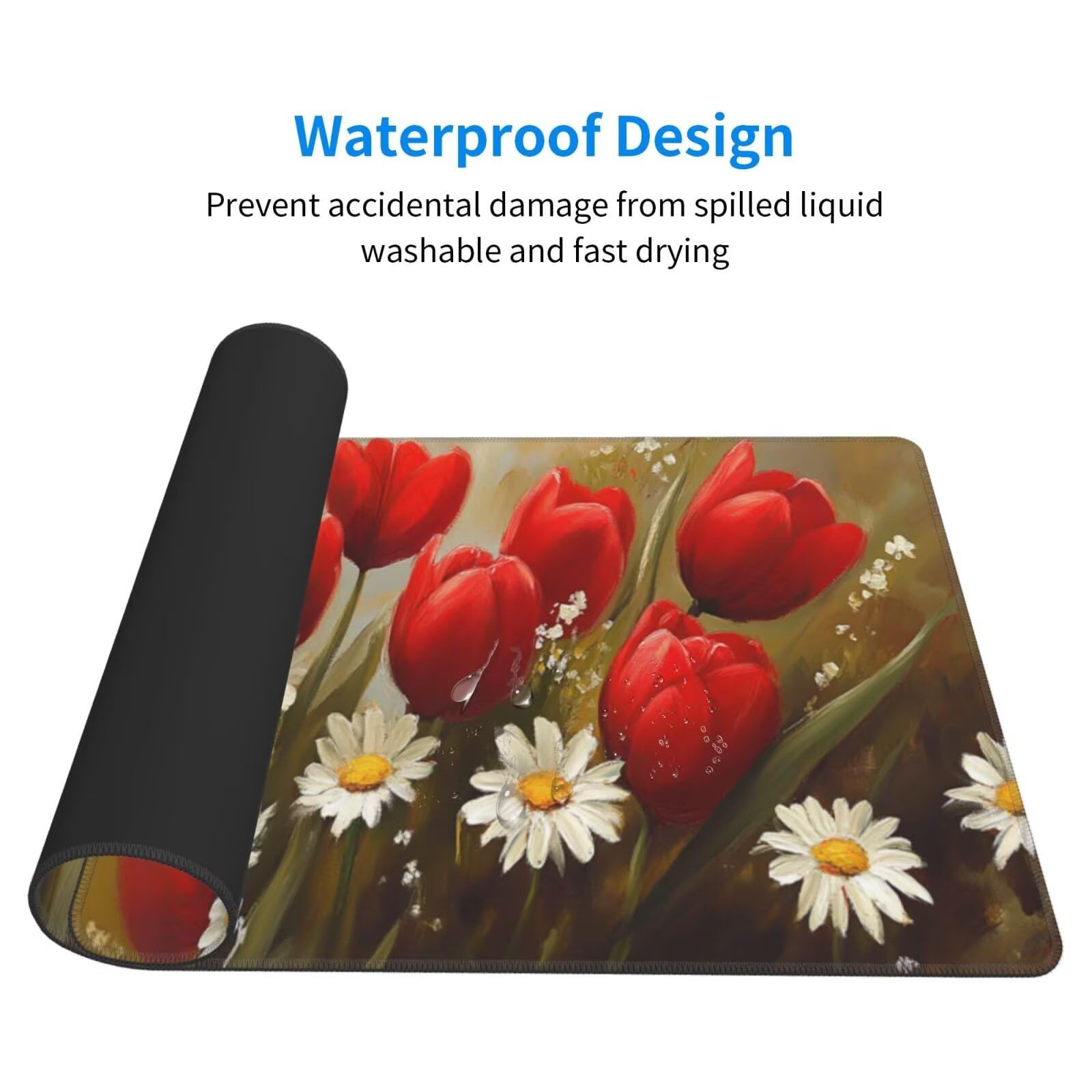 Czerwona podkładka pod mysz XXL tulipanowa mata na biurko 1600 x 800 x 3 mm zmywalna podkładka do gier na laptopa, z antypoślizgową gumową podstawą do gier, PC, pracowników biurowych Y829