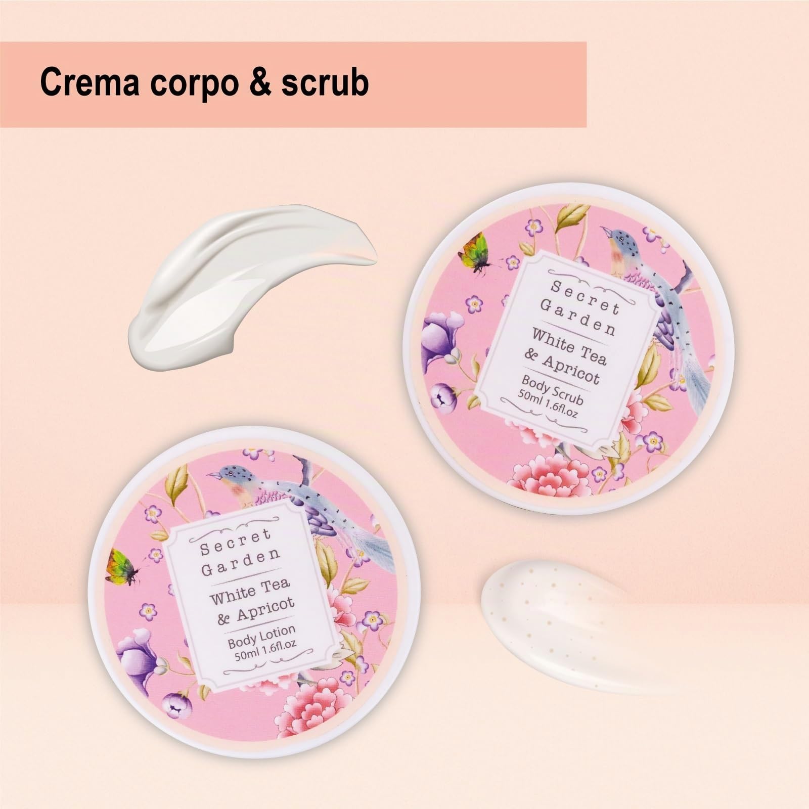Accentra Set regalo SECRET GARDEN, set bagno donna con 240 ml gel doccia e 240 ml bagnoschiuma, cofanetto regalo bagno donna in scatola di legno bianca con manico, idea regalo cura corpo per lei
