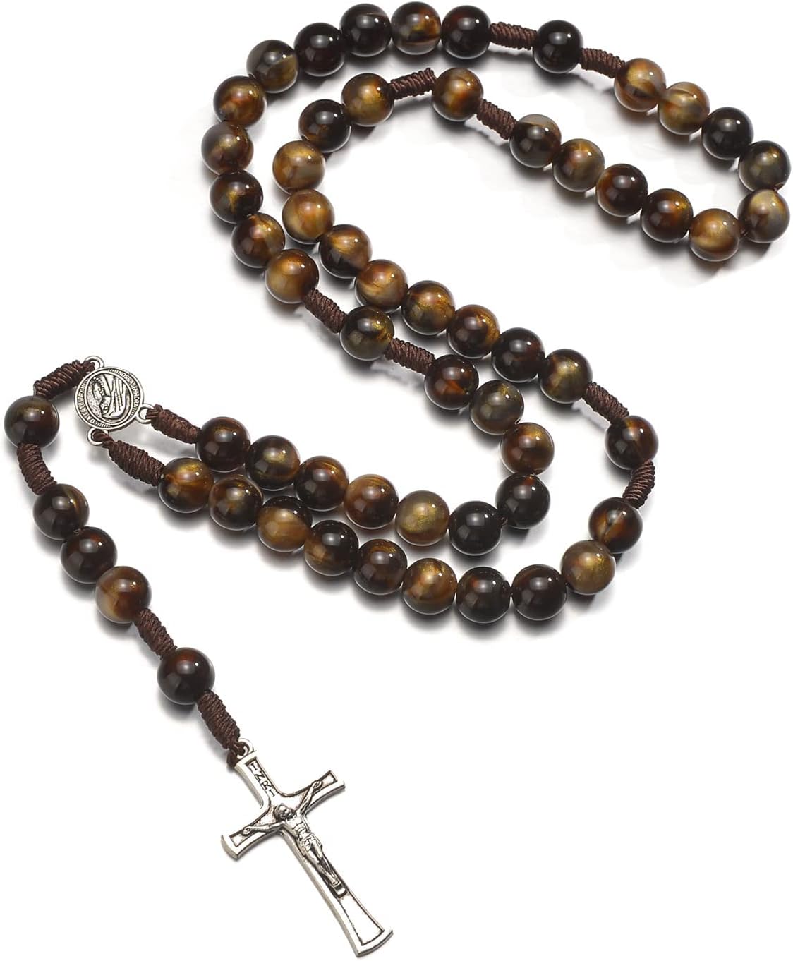 10mm Brown Beads Catholic Rosary Handmade Braided Rosaries with Curcifix Cross and Holy Mary Medal Amulet Rosary Beads Necklace for Women Men - Image 2
