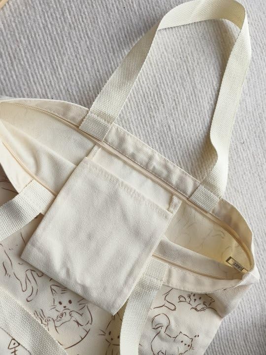 Bolso tote lindo para mujer de lona con diseño de gato y perro miniatura 2