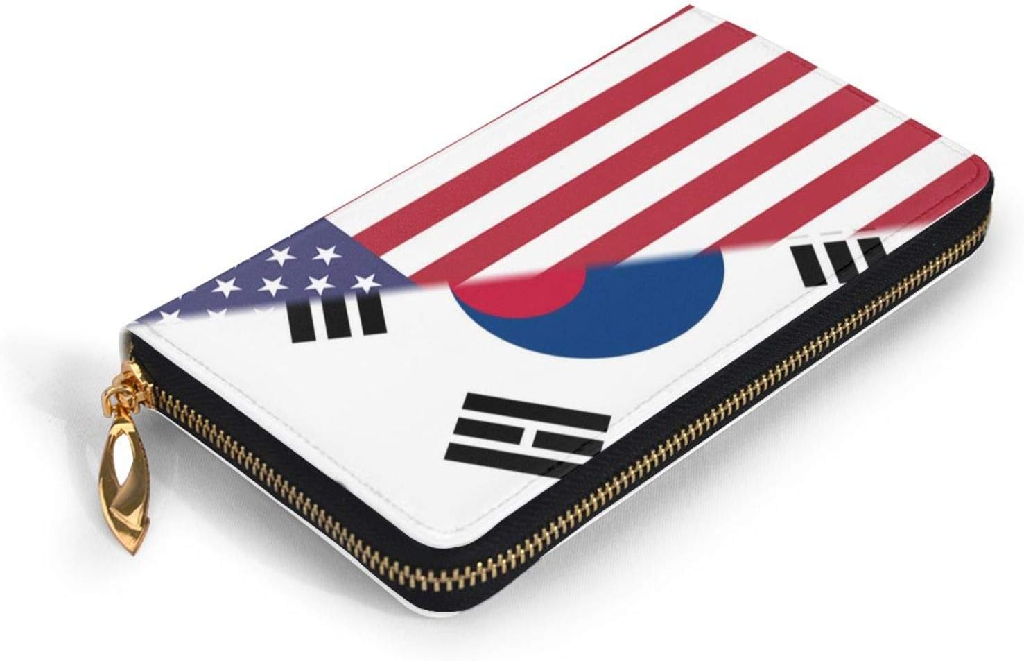 WAYMAY American Flag And South Korean Flag Ladies Long Wallet Genuine Cowhide Zip Closure Card Slot Wallet