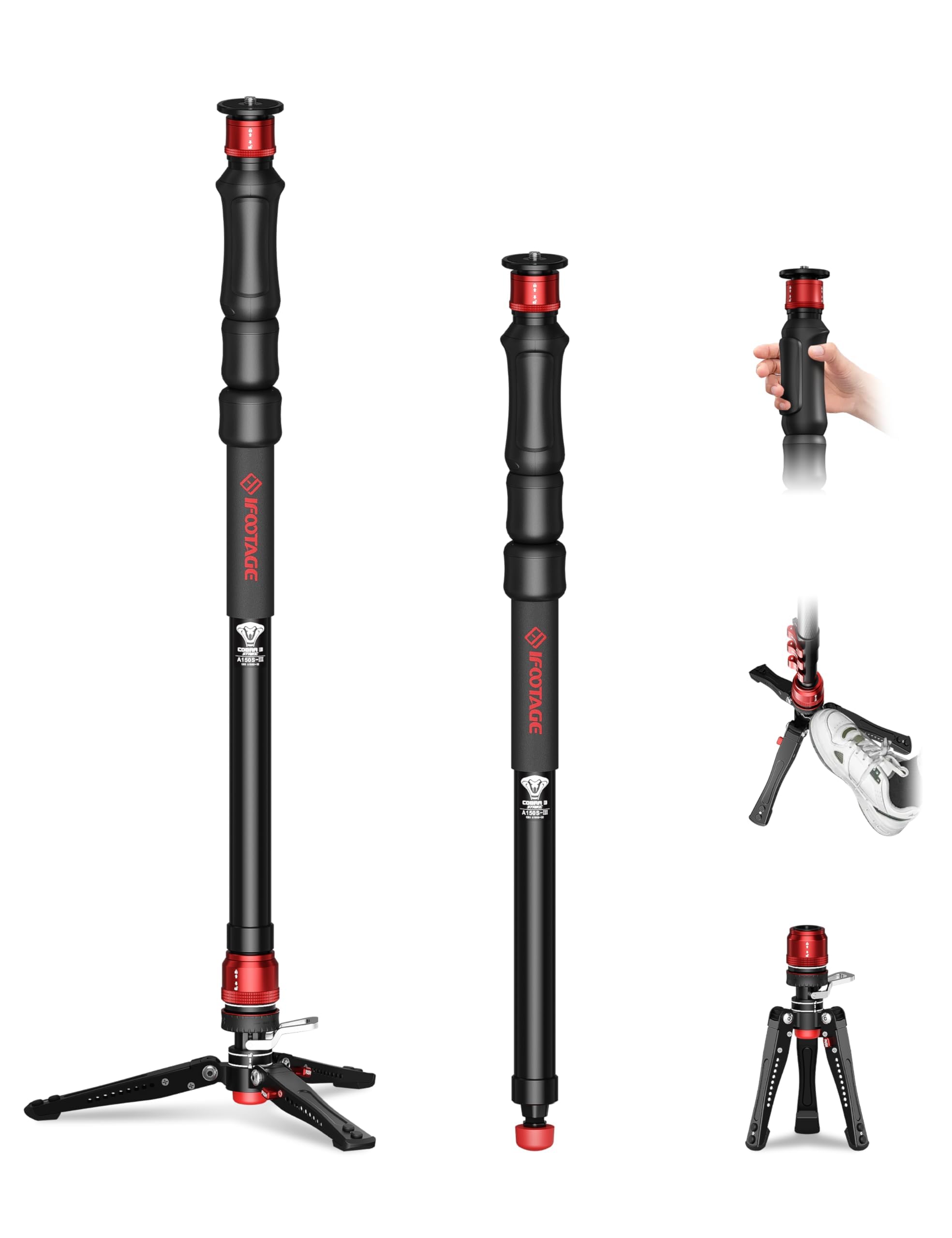 iFootage Monopiede Cobra 3 Strike A150S-, Base di Blocco a Pedale, Regolazione in Altezza in Un Solo Passaggio, Carico Utile Massimo 5 kg, 150 cm