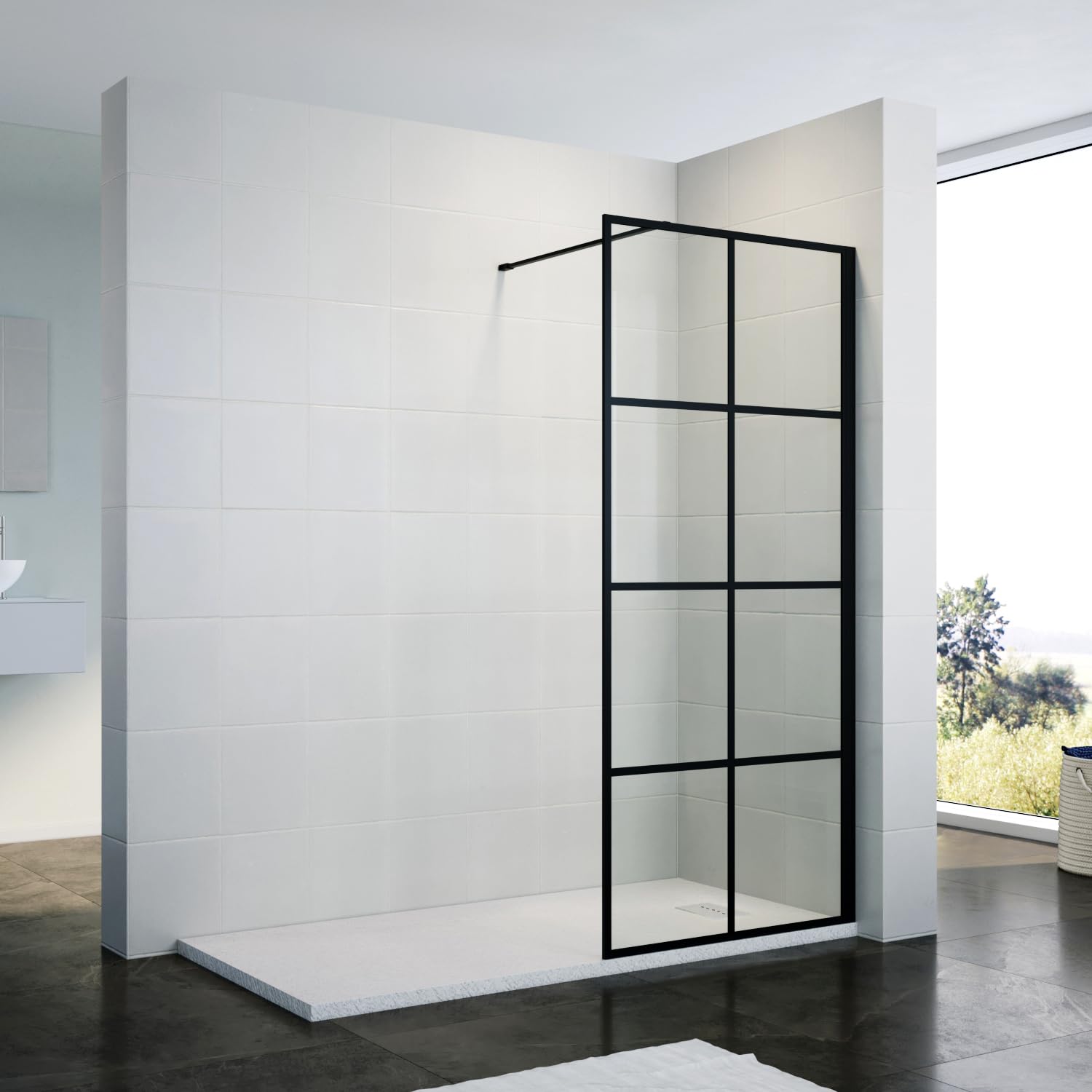 ZANOFIRA 760mm Black Grid Walk in Shower Screen 8mm Toughened Safety Glass Industrial Style Wet Room Shower Panel with Stainless Steel Support Bar Reversible for Shower Cubicles