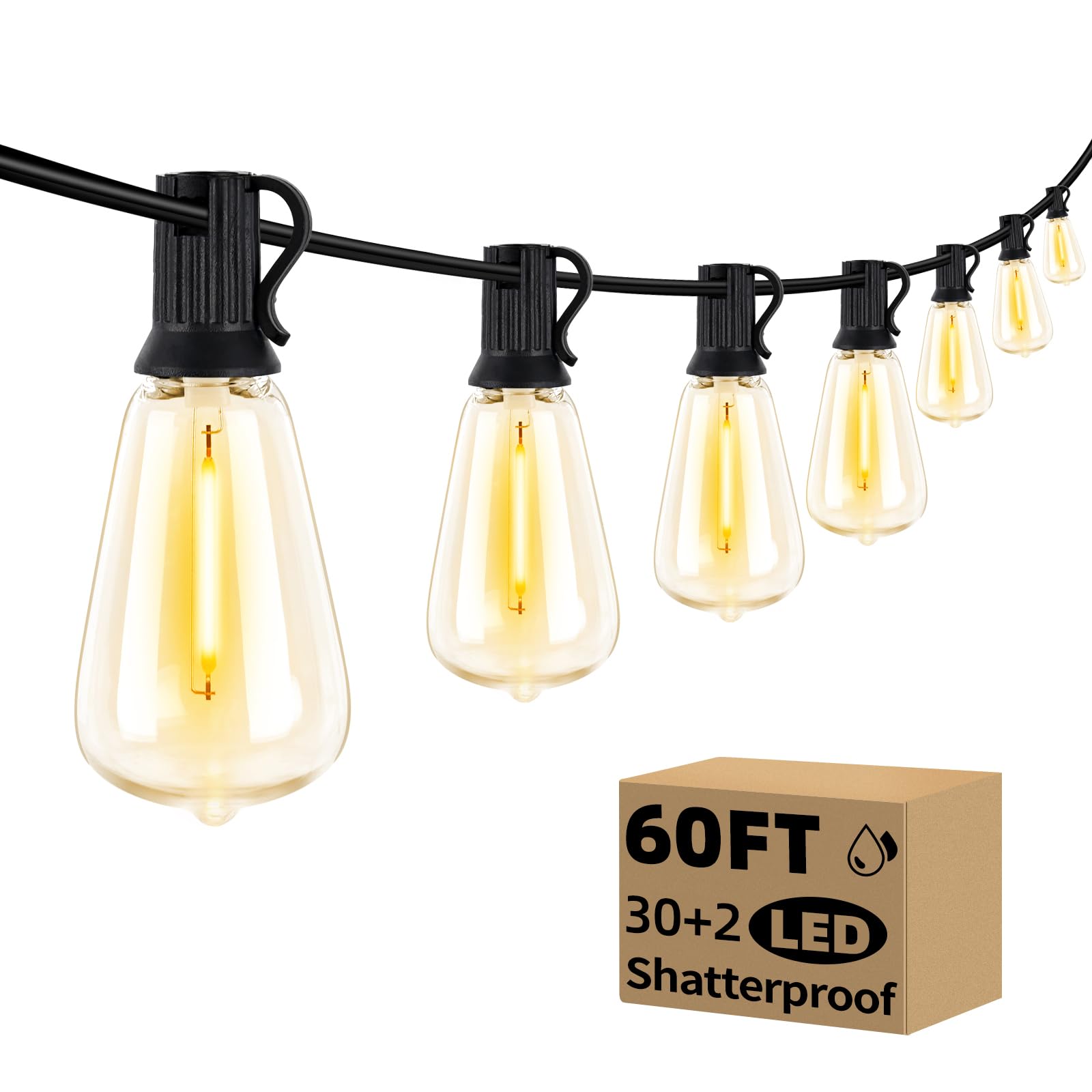 60FT Outdoor String Lights with 30+2 LED Edison Bulbs Dimmable, Waterproof Exterior Patio Lights, Connectable Shatterproof ST38 Hanging Lights for Backyard Garden Balcony Party, Warm White 2700K