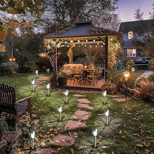 GIGALUMI Solar Pathway Lights 12 Pack, Stainless Steel IP44 Waterproof Auto On/Off Outdoor LED Pathway Landscape Solar Lights for Garden, Yard, Patio, Path and Walkway. (Cold White)