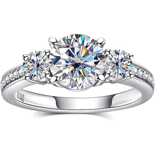 Moissanite Engagement Rings 1.4-2.2cttw D Color VVS1 Clarity Round Brilliant Cut 925 Sterling Silver 3 Stones Anniversary Promise Wedding Rings for Women with Certificate