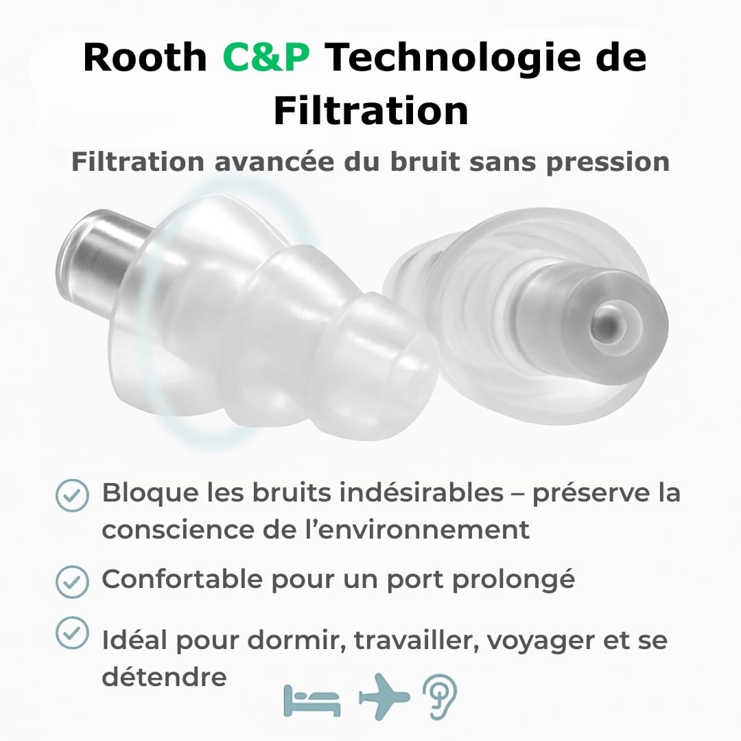 Bouchons d’oreilles Rooth C&P pour le sommeil - Bouchons anti-ronflement - Réduction du bruit de 25 dB - Confortables pour le jour et la nuit - Durables et réutilisables jusqu’à 100 fois (3)