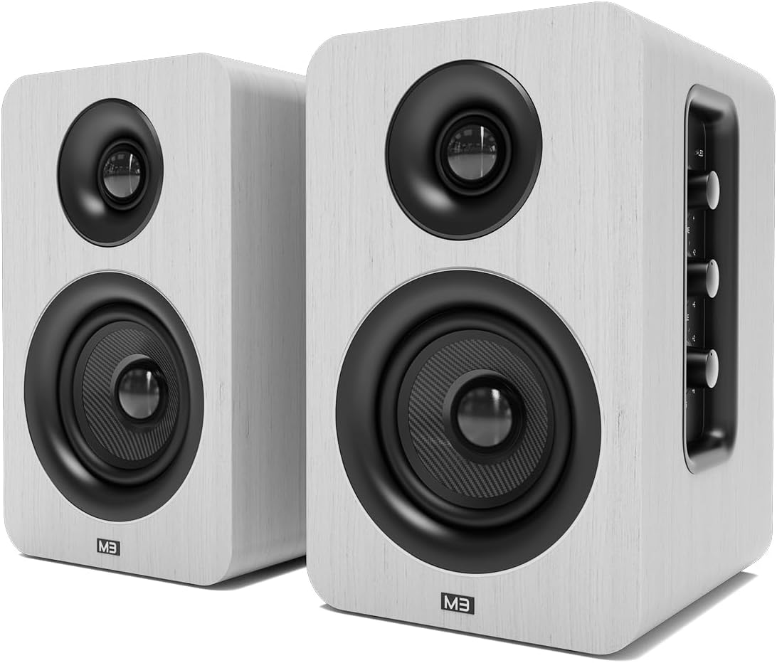AZATOMBookshelf Speakers 60W | Bluetooth | 3” Carbon Fibre Drivers & Silk Tweeters | 24bit DAC Built-in | Perfect for Computer Gaming, Vinyl Turntable, HiFi, Home Theatre Equinox M3 (White)